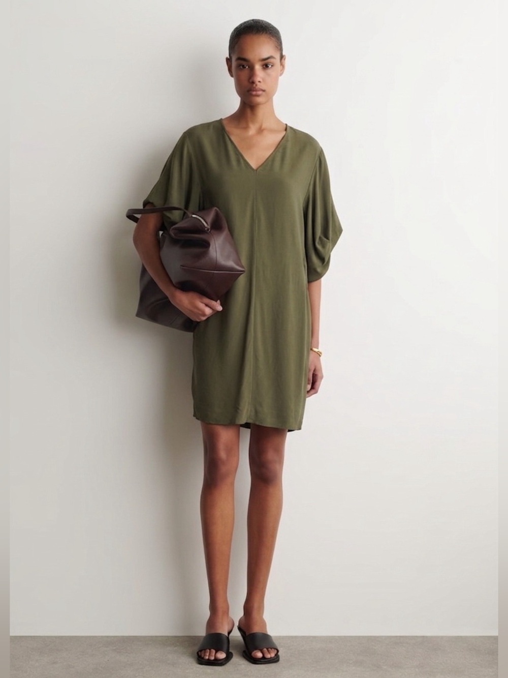 COS Women’s Draped Sleeve V-Neck Tunic Mini Dress - Khaki Green, Sz 4